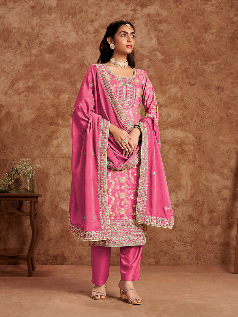 Pink Dola Silk Jacquard Thread Work Trendy Kurta Pant Suit