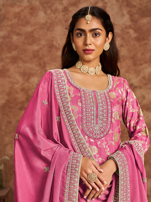 Pink Dola Silk Jacquard Thread Work Trendy Kurta Pant Suit