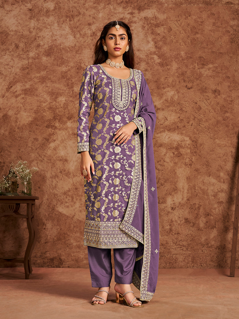 Lavender Dola Silk Jacquard Thread Work Trendy Kurta Pant Suit