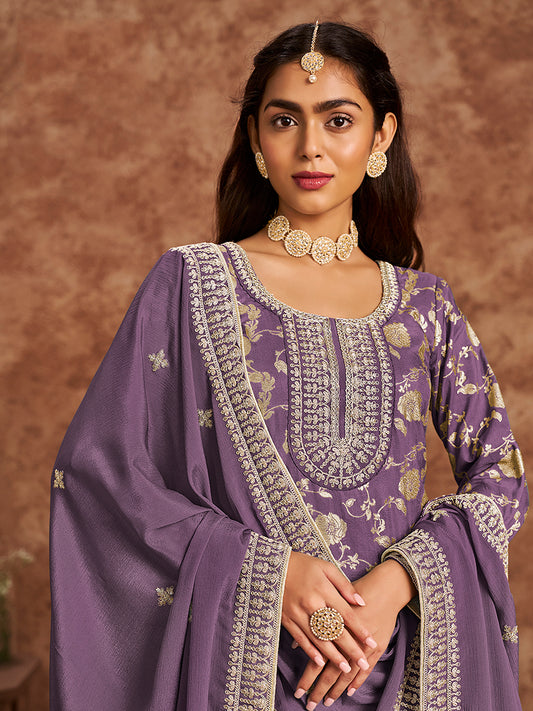 Lavender Dola Silk Jacquard Thread Work Trendy Kurta Pant Suit