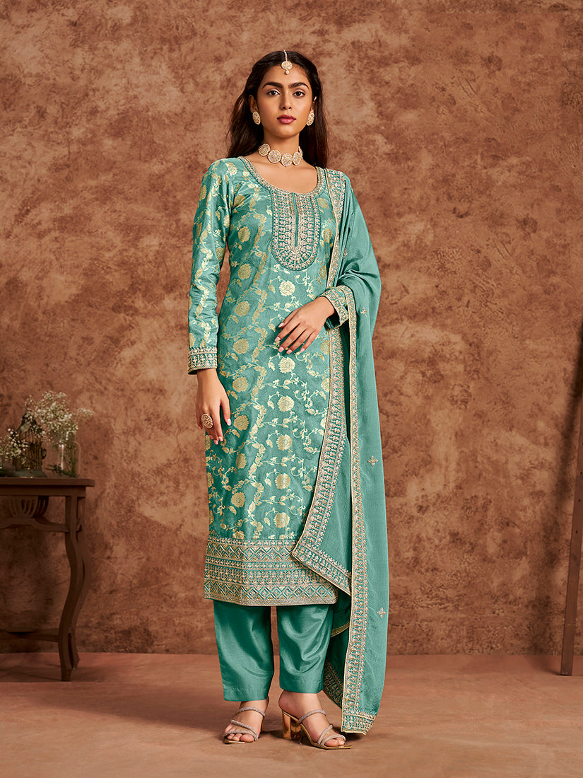 Turquoise Dola Silk Jacquard Thread Work Trendy Kurta Pant Suit
