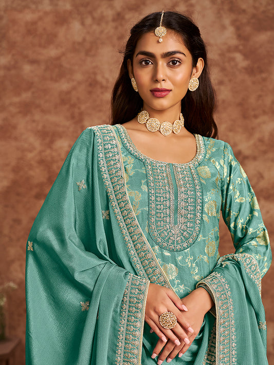 Turquoise Dola Silk Jacquard Thread Work Trendy Kurta Pant Suit