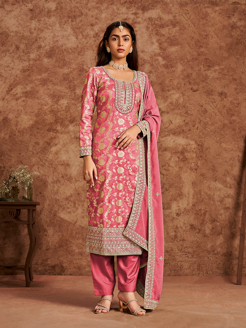 Rose Pink Dola Silk Jacquard Thread Work Trendy Kurta Pant Suit