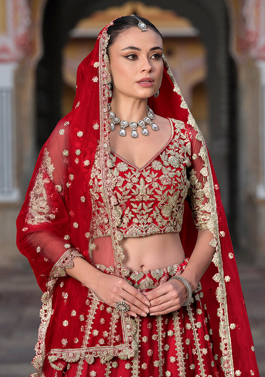 Red Embroidered Butterfly Net Designer Ceremonial Lehenga Choli