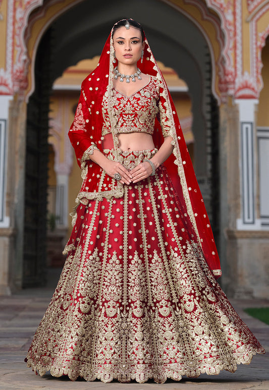 Red Embroidered Butterfly Net Designer Ceremonial Lehenga Choli