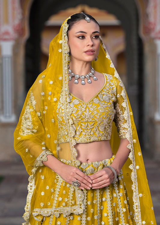 Mustard Embroidered Butterfly Net Designer Ceremonial Lehenga Choli