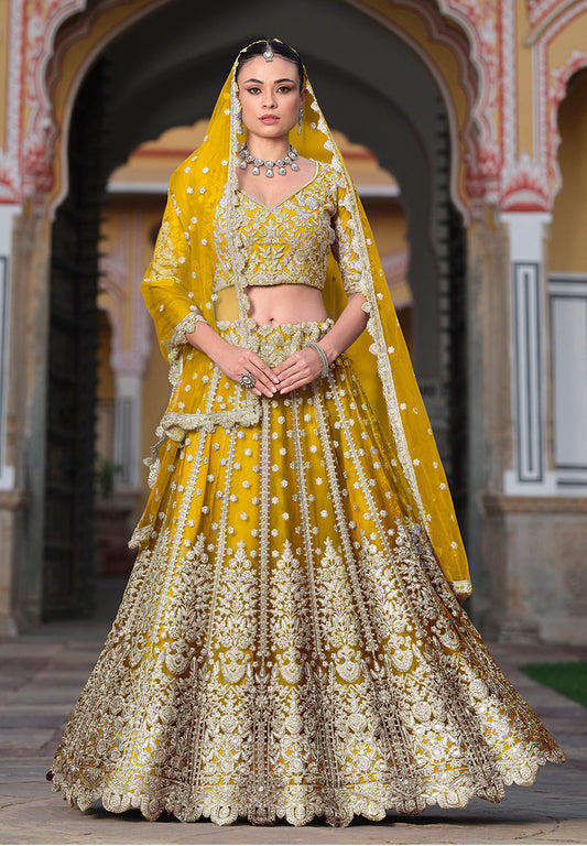 Mustard Embroidered Butterfly Net Designer Ceremonial Lehenga Choli