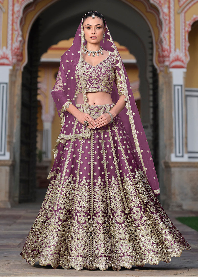 Purple Embroidered Butterfly Net Designer Ceremonial Lehenga Choli