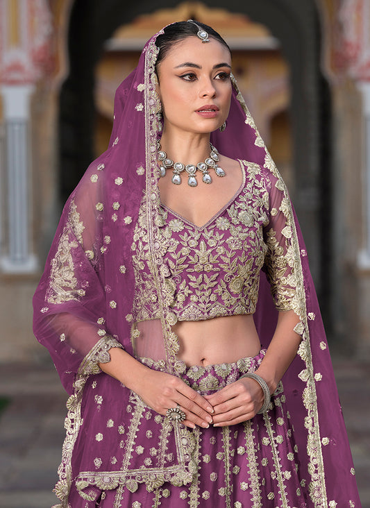 Purple Embroidered Butterfly Net Designer Ceremonial Lehenga Choli