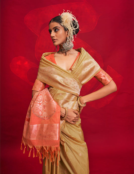 Beige Classic Weaving Silk Saree with Intricate Zari Motifs