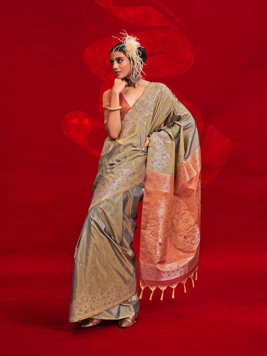 Gray  Classic Weaving Silk Saree with Intricate Zari Motifs