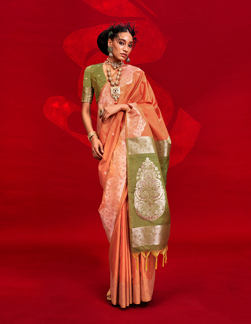 Light Orange Classic Weaving Silk Saree with Intricate Zari Motifs