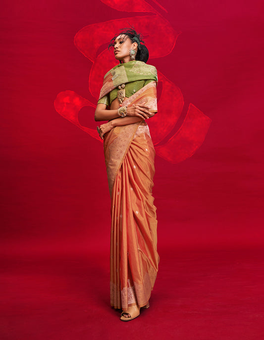 Light Orange Classic Weaving Silk Saree with Intricate Zari Motifs