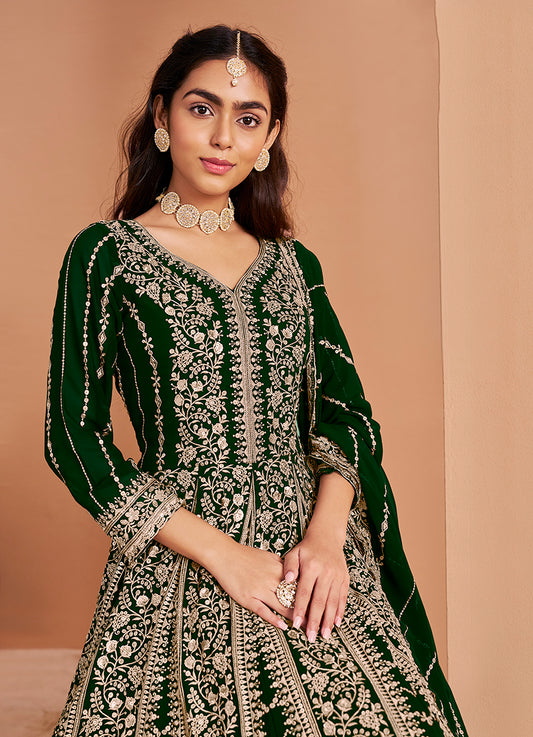 Dark Green Faux Georgette Embroidered Festival Wear Anarkali Gown
