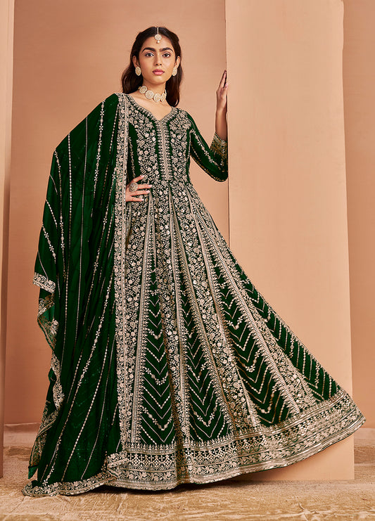 Dark Green Faux Georgette Embroidered Festival Wear Anarkali Gown