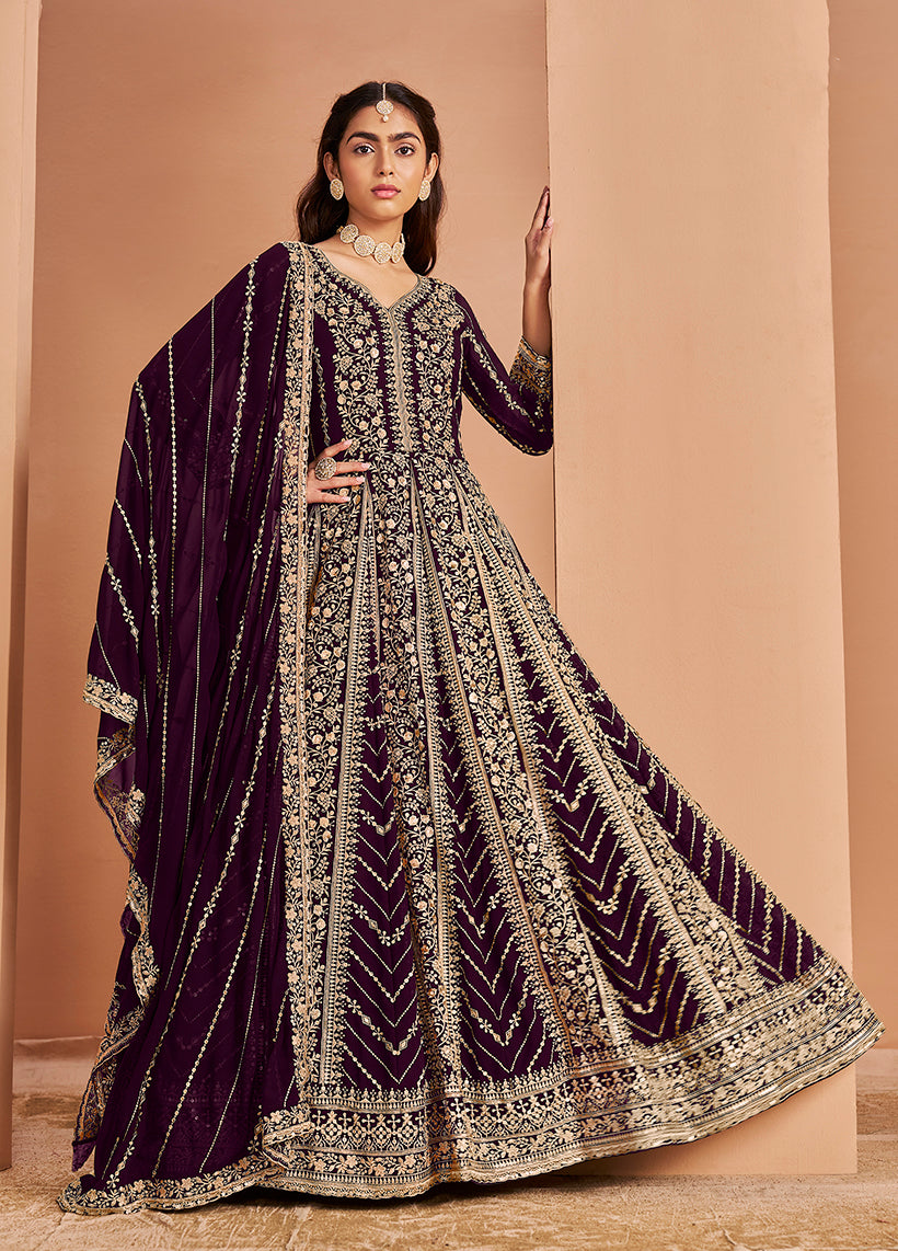 Dark Purple Faux Georgette Embroidered Festival Wear Anarkali Gown