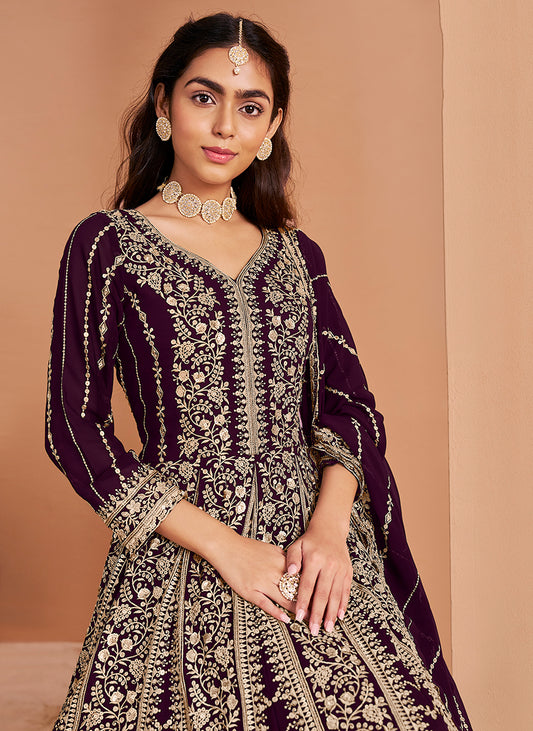 Dark Purple Faux Georgette Embroidered Festival Wear Anarkali Gown