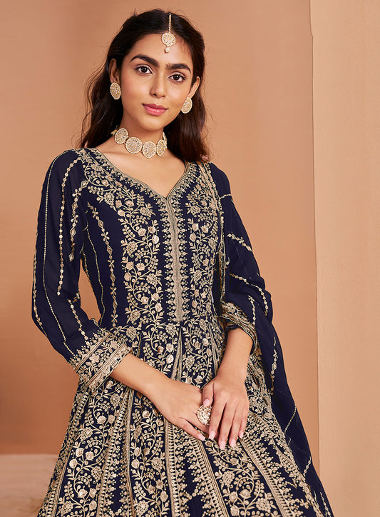 Navy blue Faux Georgette Embroidered Festival Wear Anarkali Gown