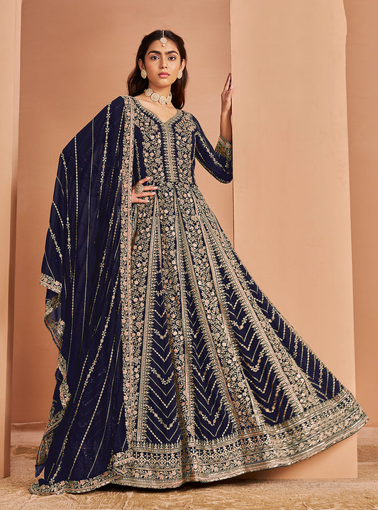 Navy blue Faux Georgette Embroidered Festival Wear Anarkali Gown