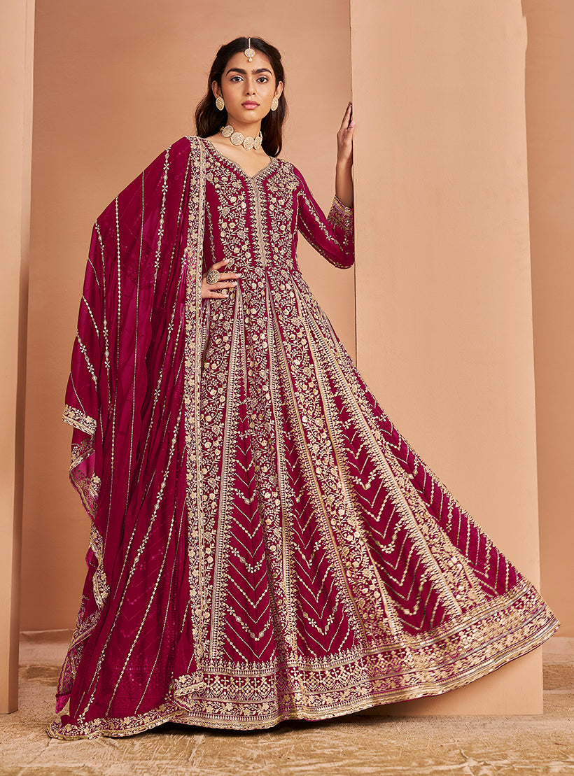 Rani Pink Faux Georgette Embroidered Festival Wear Anarkali Gown