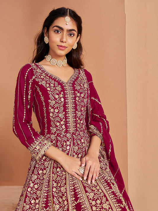 Rani Pink Faux Georgette Embroidered Festival Wear Anarkali Gown