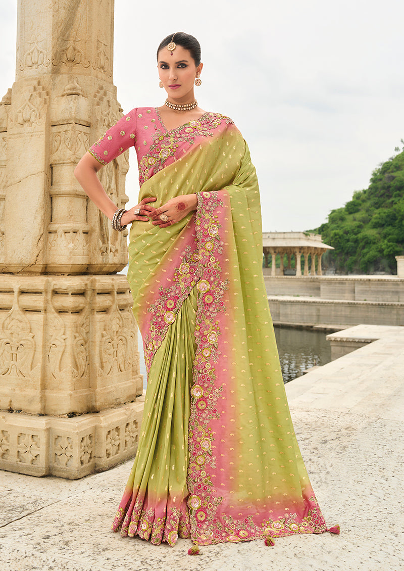 Light Olive Green Viscose Tissue Silk Cutwork Border Saree