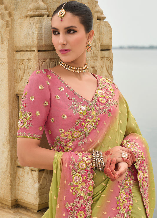 Light Olive Green Viscose Tissue Silk Cutwork Border Saree