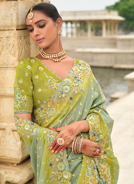 Pistachio Viscose Tissue Silk Cutwork Border Saree