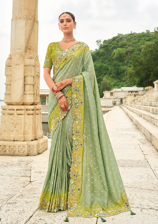 Pistachio Viscose Tissue Silk Cutwork Border Saree