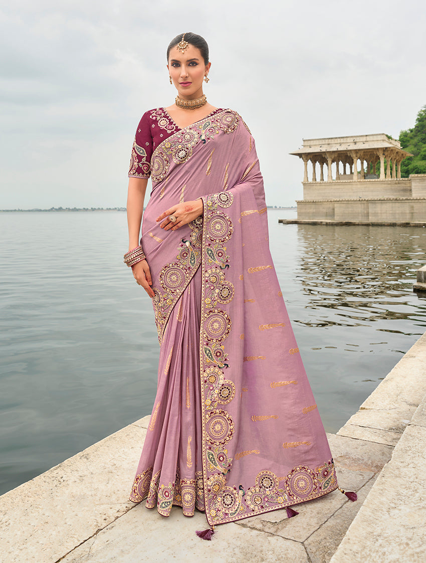 Mauve Viscose Tissue Silk Embroidered Cutwork Border Saree