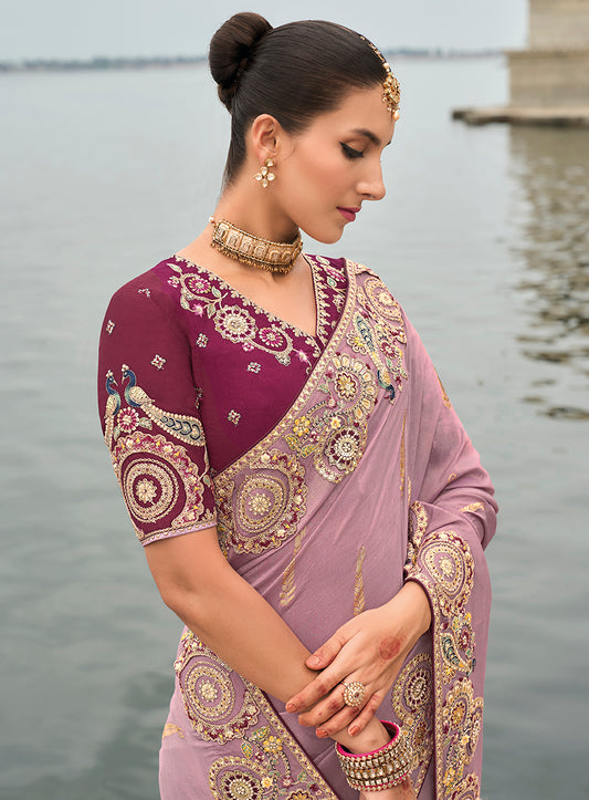 Mauve Viscose Tissue Silk Embroidered Cutwork Border Saree