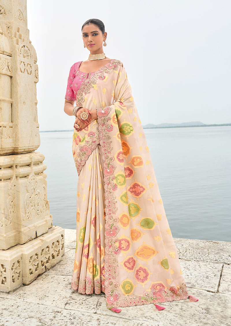 Beige Viscose Tissue Silk Embroidered Cutwork Border Saree