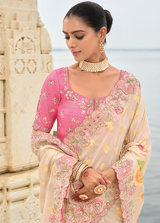 Beige Viscose Tissue Silk Embroidered Cutwork Border Saree