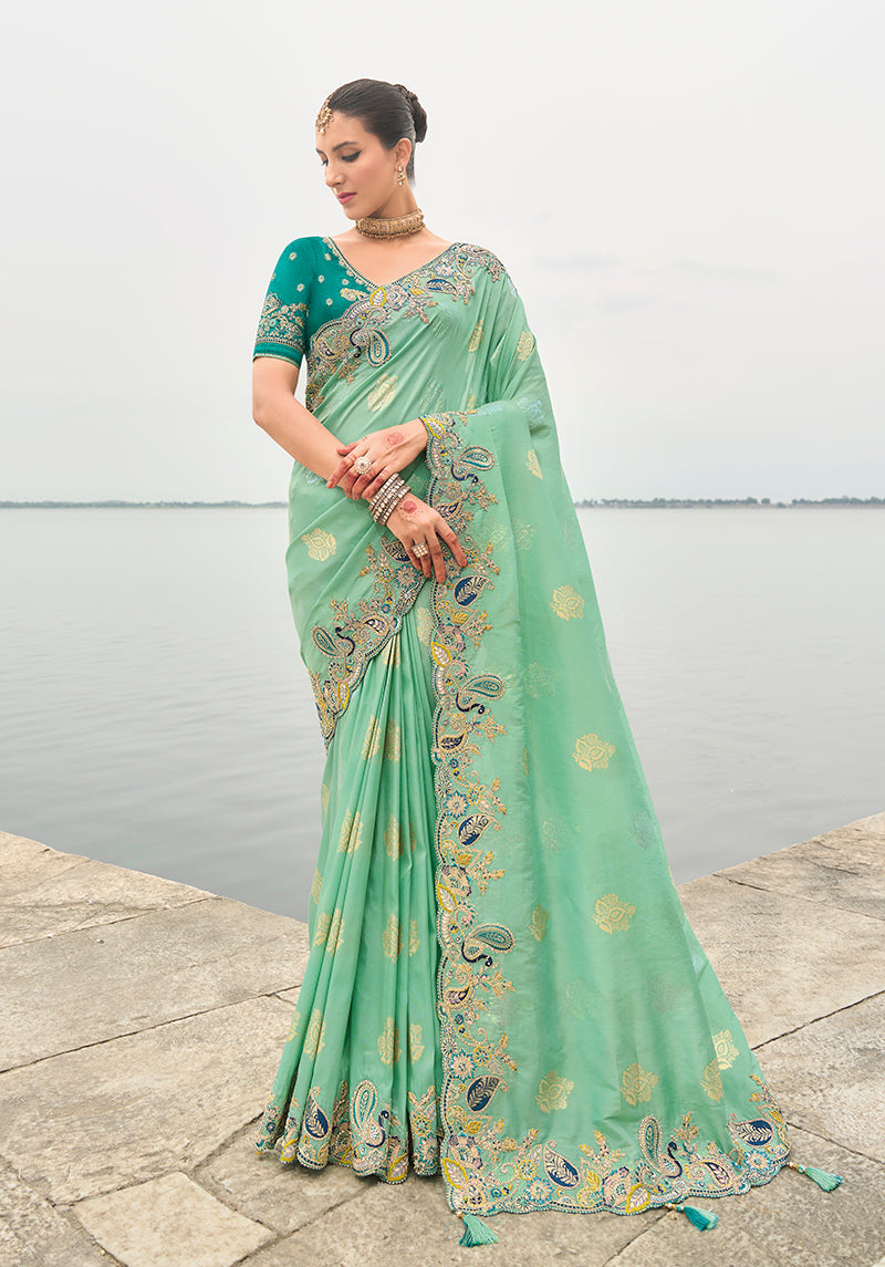 Sky blue Viscose Tissue Silk Embroidered Cutwork Border Saree
