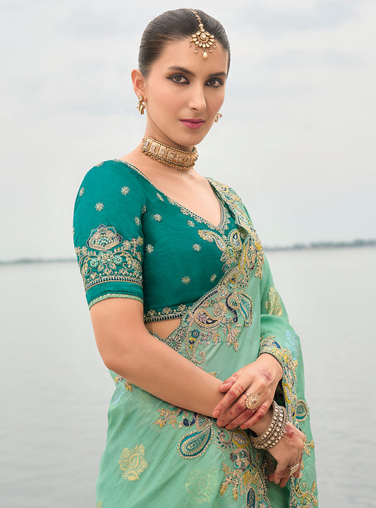 Sky blue Viscose Tissue Silk Embroidered Cutwork Border Saree