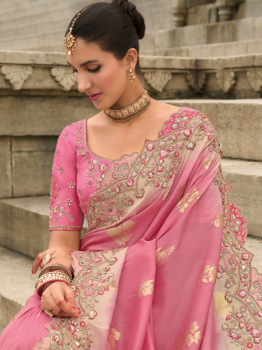 Pink Viscose Tissue Silk Embroidered Cutwork Border Saree