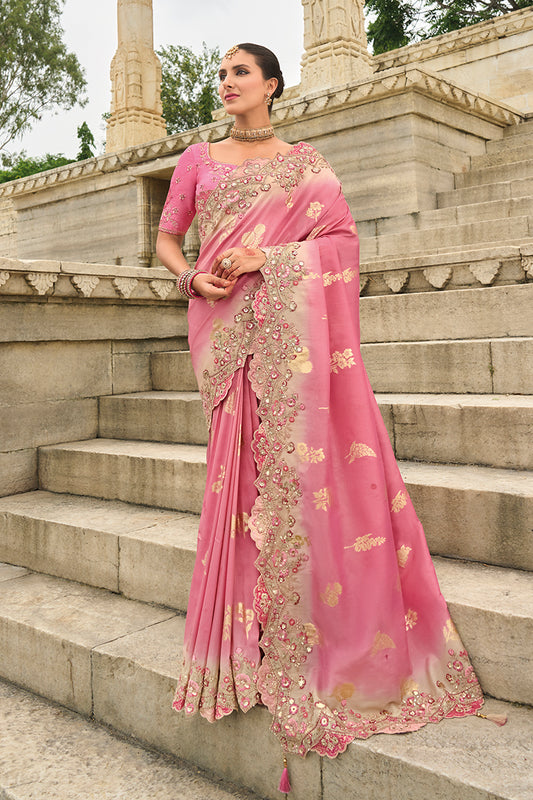 Pink Viscose Tissue Silk Embroidered Cutwork Border Saree