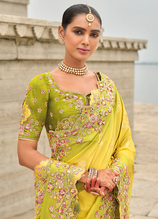 Lime Yellow Viscose Tissue Silk Embroidered Cutwork Border Saree