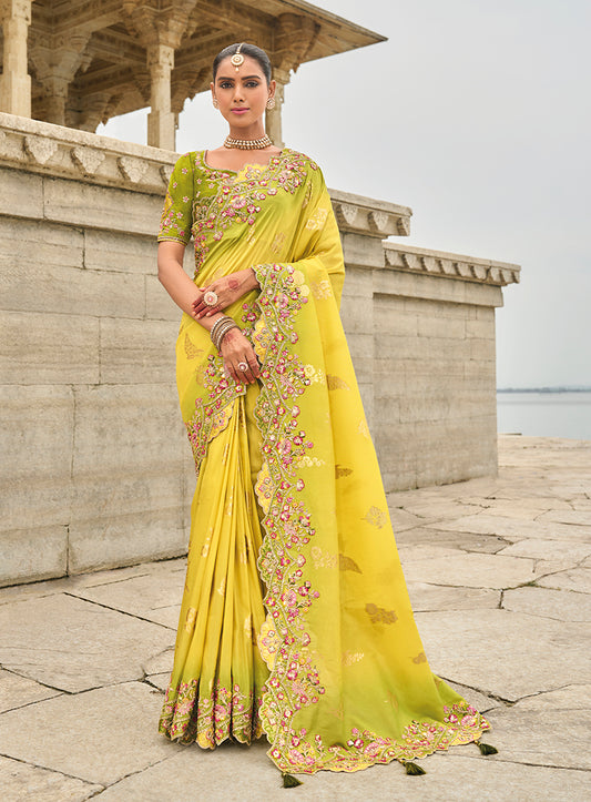 Lime Yellow Viscose Tissue Silk Embroidered Cutwork Border Saree