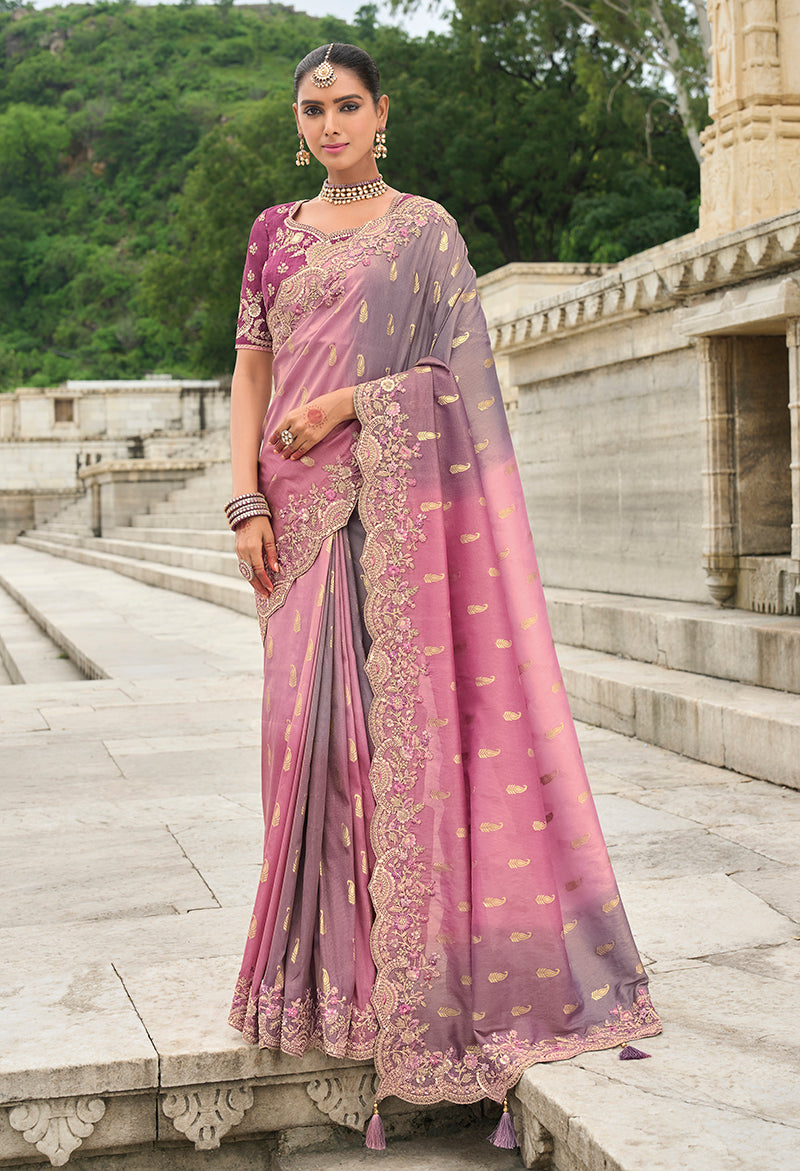 Pink and Mauve Viscose Tissue Silk Embroidered Cutwork Border Saree