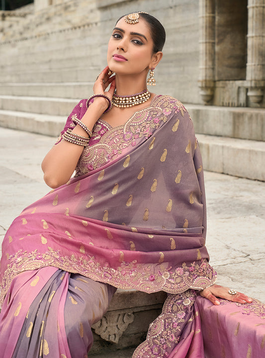 Pink and Mauve Viscose Tissue Silk Embroidered Cutwork Border Saree
