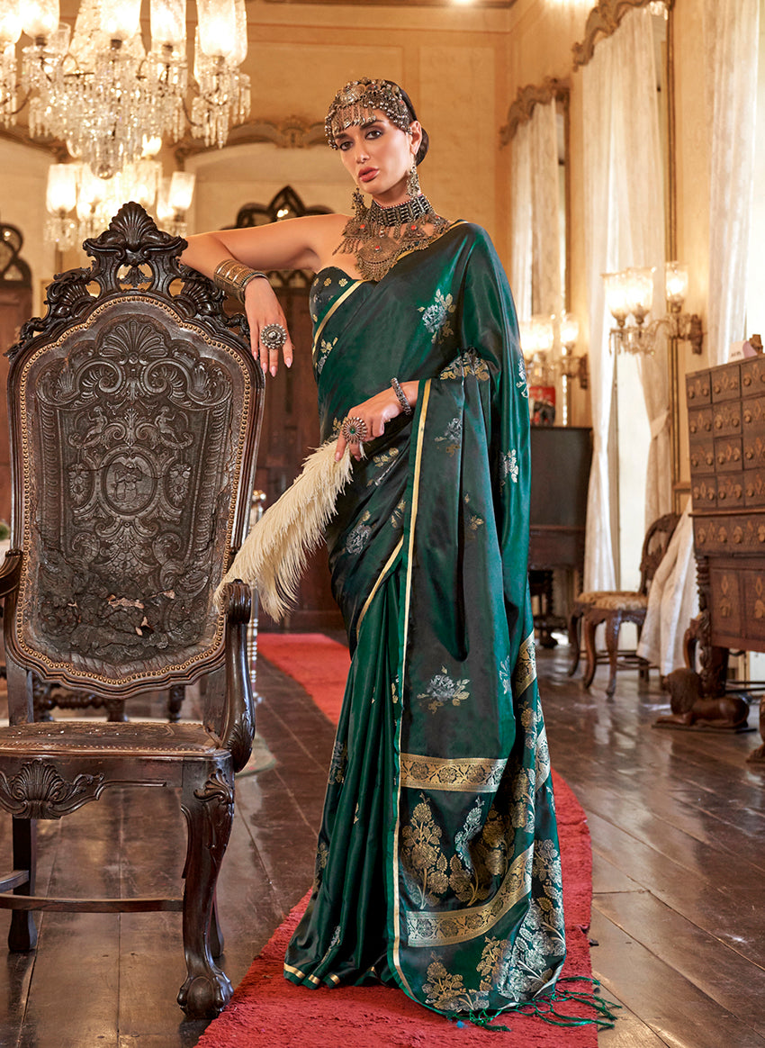 Emrald Green Classic Banarasi Satin Silk Saree With Zari Motifs