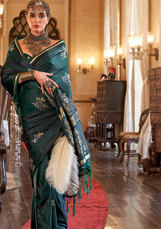 Emrald Green Classic Banarasi Satin Silk Saree With Zari Motifs