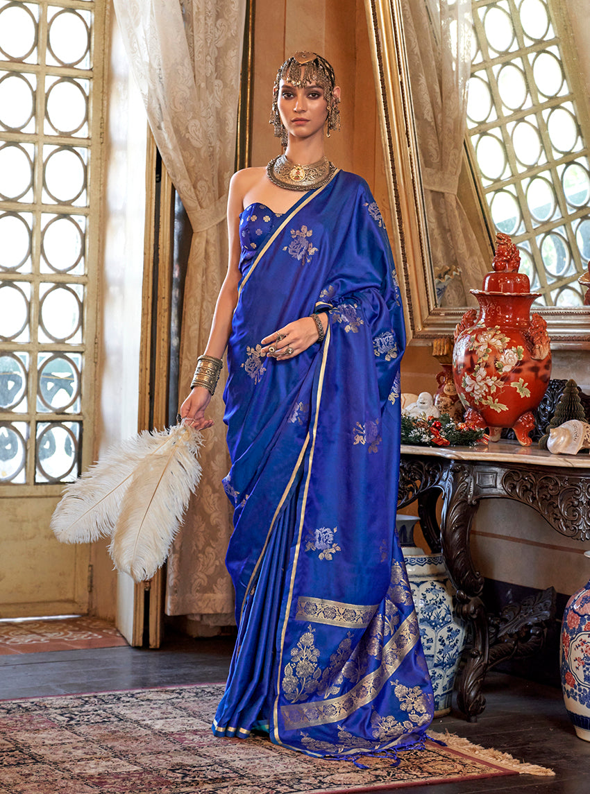 Royal Blue Classic Banarasi Satin Silk Saree With Zari Motifs