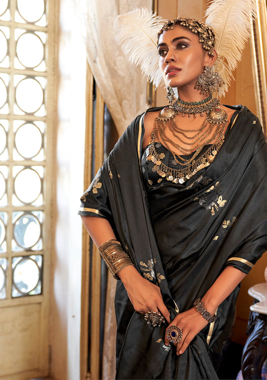 Black Classic Banarasi Satin Silk Saree With Zari Motifs
