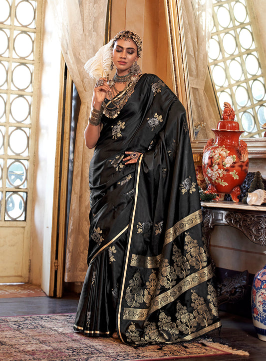 Black Classic Banarasi Satin Silk Saree With Zari Motifs