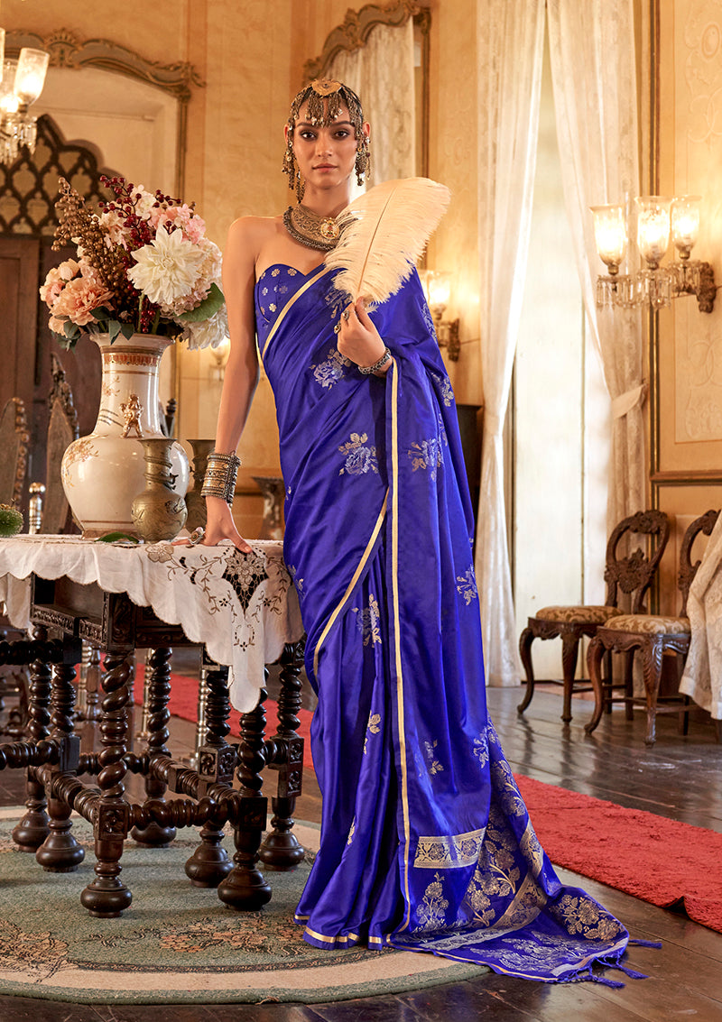 Indigo Classic Banarasi Satin Silk Saree With Zari Motifs