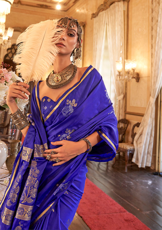 Indigo Classic Banarasi Satin Silk Saree With Zari Motifs