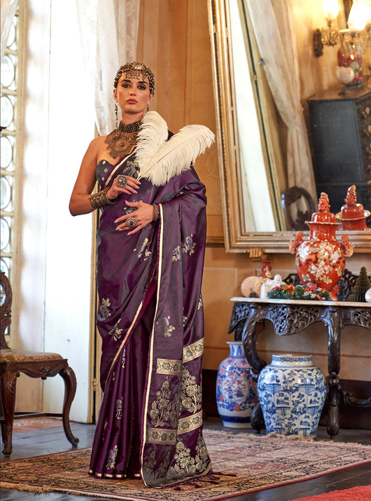 Wine Classic Banarasi Satin Silk Saree With Zari Motifs