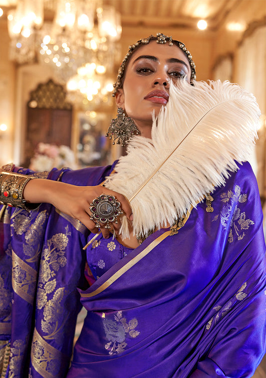 Violet Classic Banarasi Satin Silk Saree With Zari Motifs